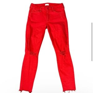 MOTHER Jeans 27 the Looker Ankle Fray Blow by Blow Firecracker Red Distressed